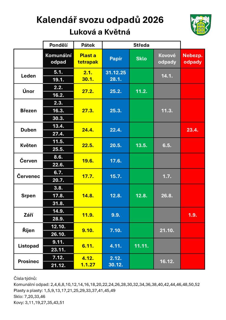 Kalendář svozu odpadů 2026 Kalendář svozu odpadů 2026